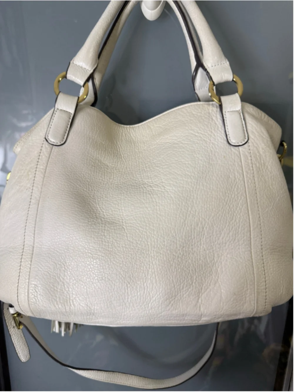 G.I.L.I. Off-White Leather Satchel with Gold Hardware and Leather Tassle